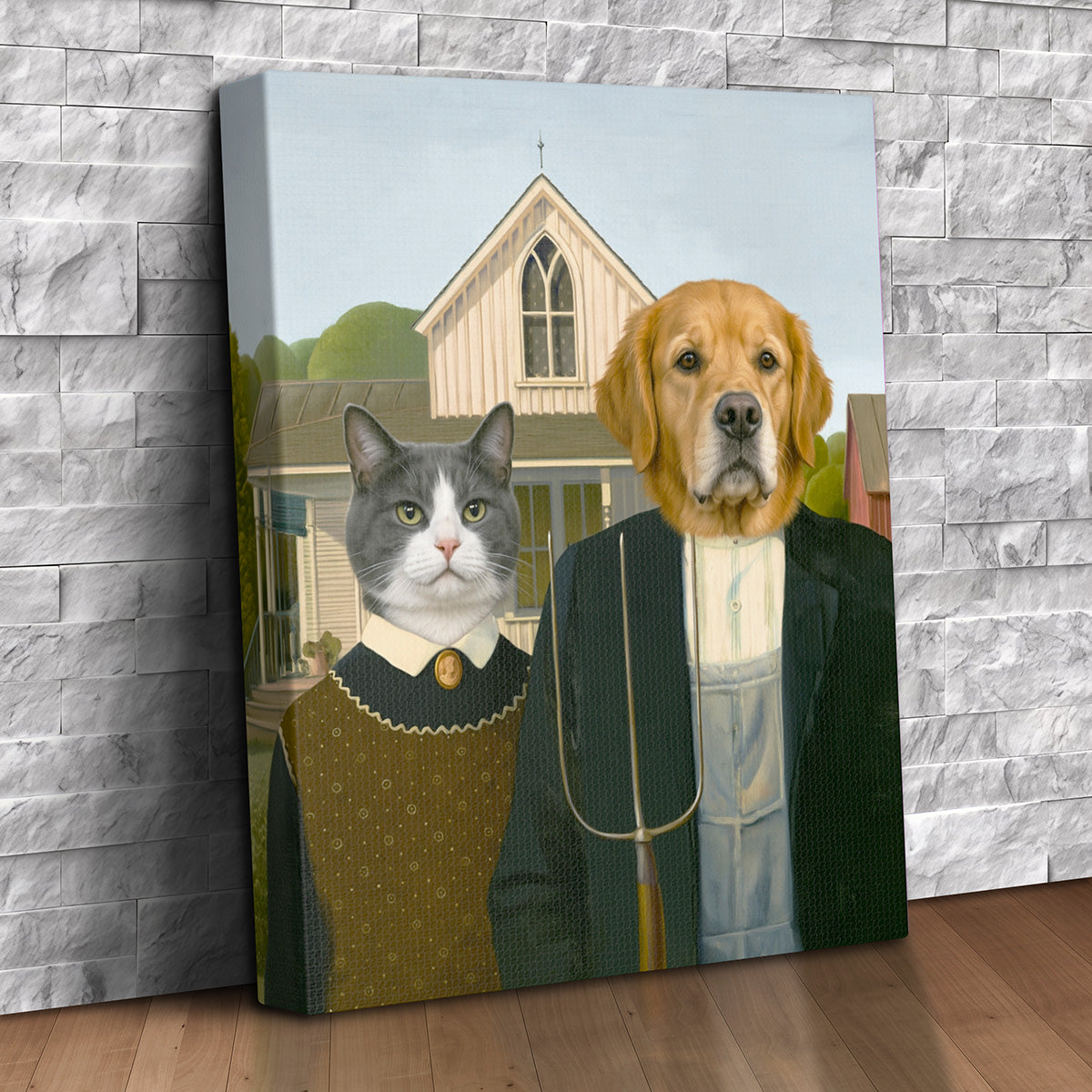 Custom American Gothic parody pet portrait canvas of a gray and white tuxedo cat and a golden retriever as the farm couple in front of a white Gothic farmhouse with a pitchfork
