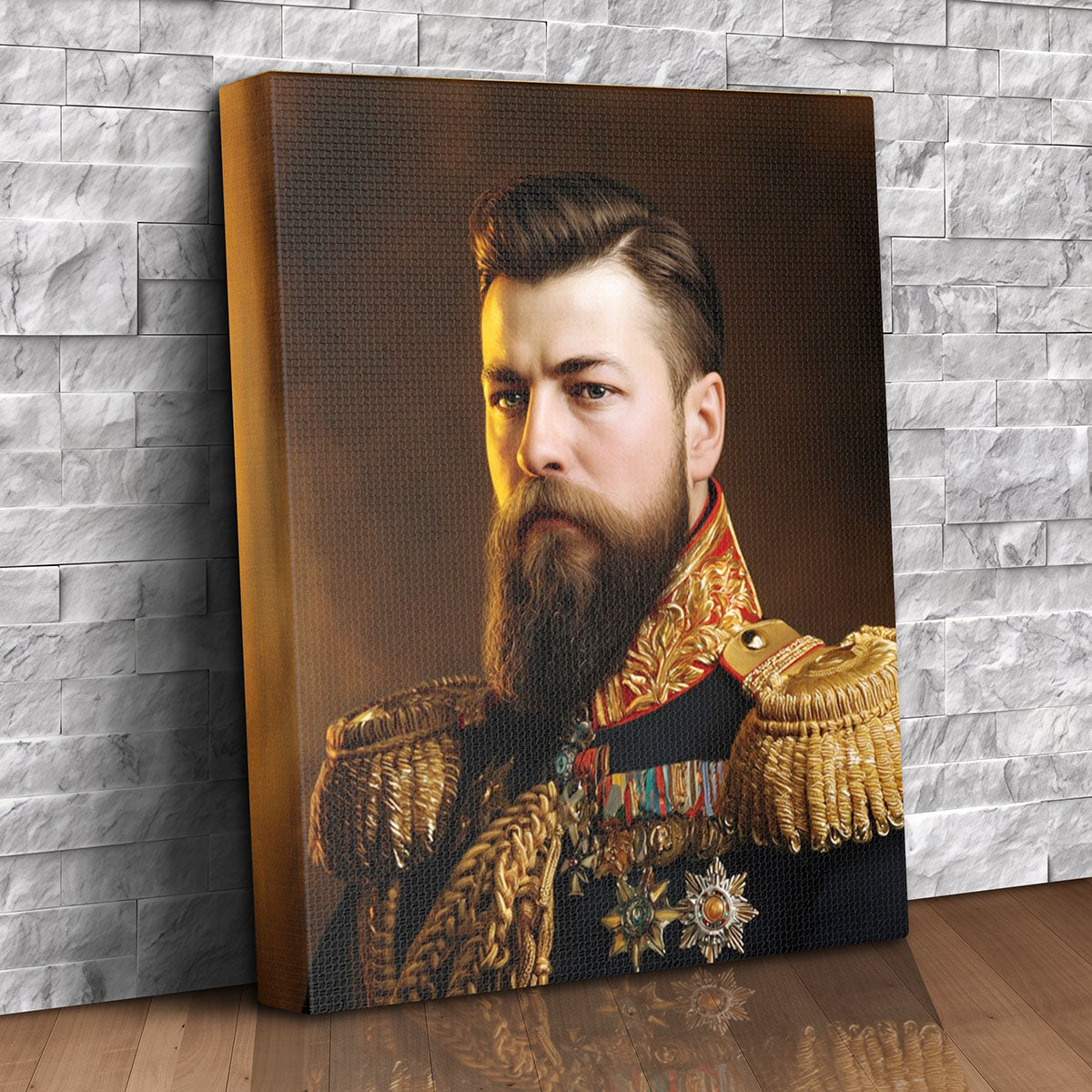 Custom canvas portrait of a distinguished military general in formal uniform with gold epaulettes and medals