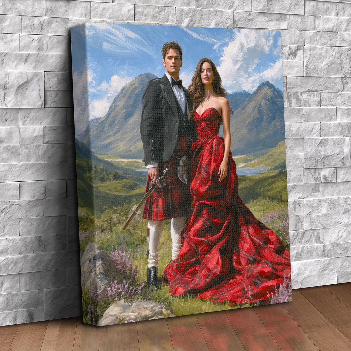 Custom Scottish Highland couple portrait canvas of a man in a tartan kilt and black jacket beside a woman in a red tartan gown in a mountain glen with heather