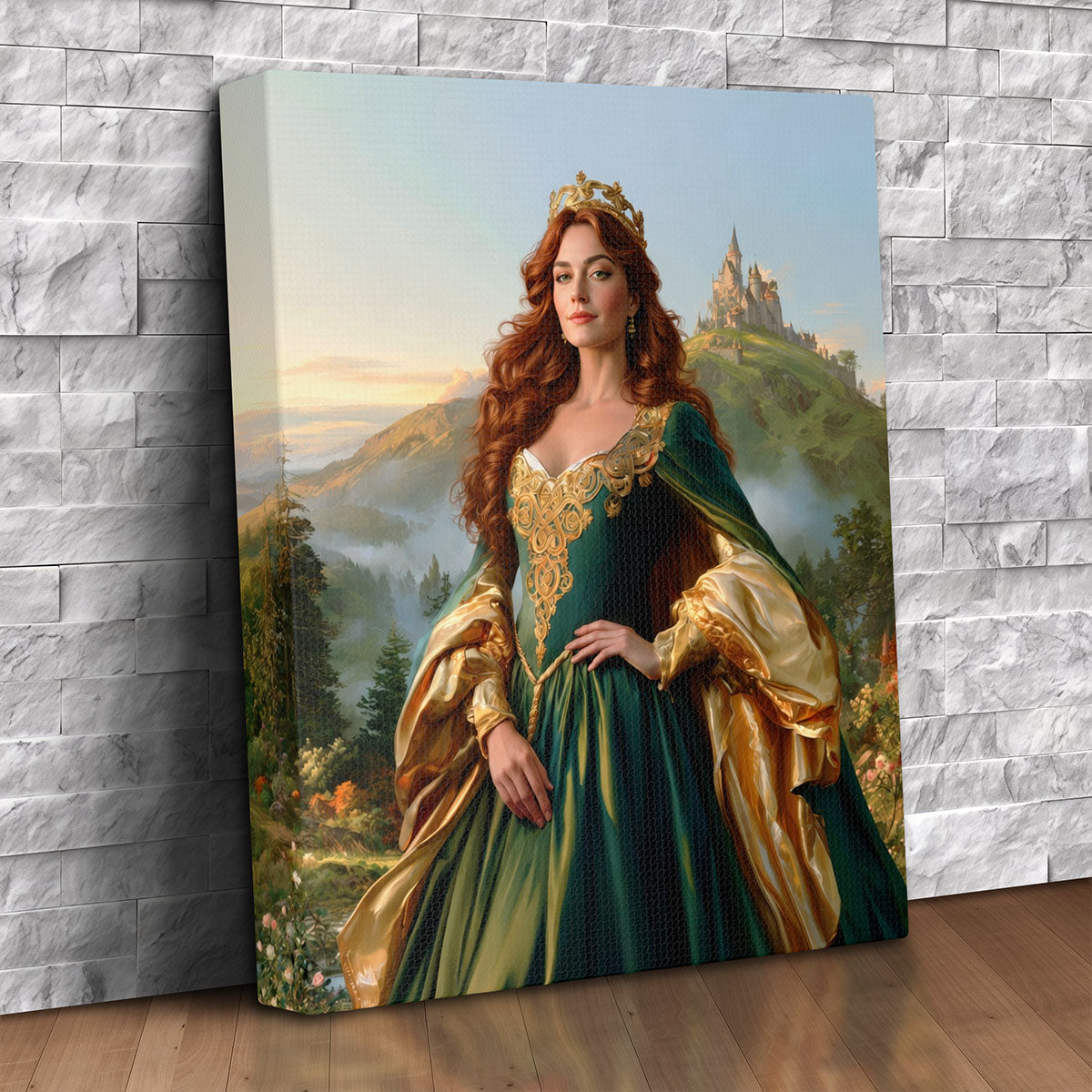 Custom canvas portrait of a woman in an emerald green Celtic gown with gold crown in front of a castle, personalized from a photo