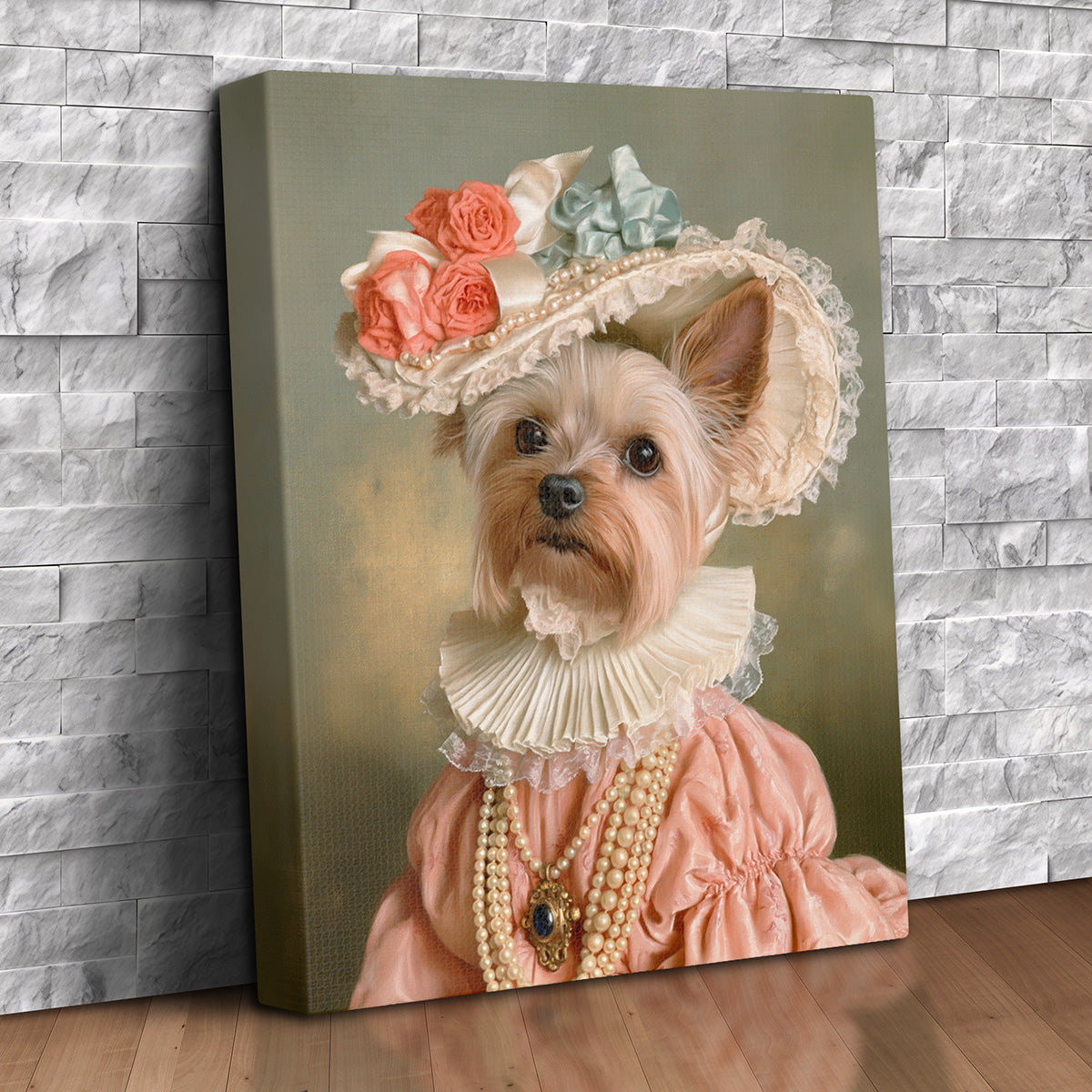 Custom pet portrait canvas of a Yorkshire terrier dressed as a Victorian lady in a lace bonnet with coral roses, ivory ruff, pearl necklaces and pink silk gown