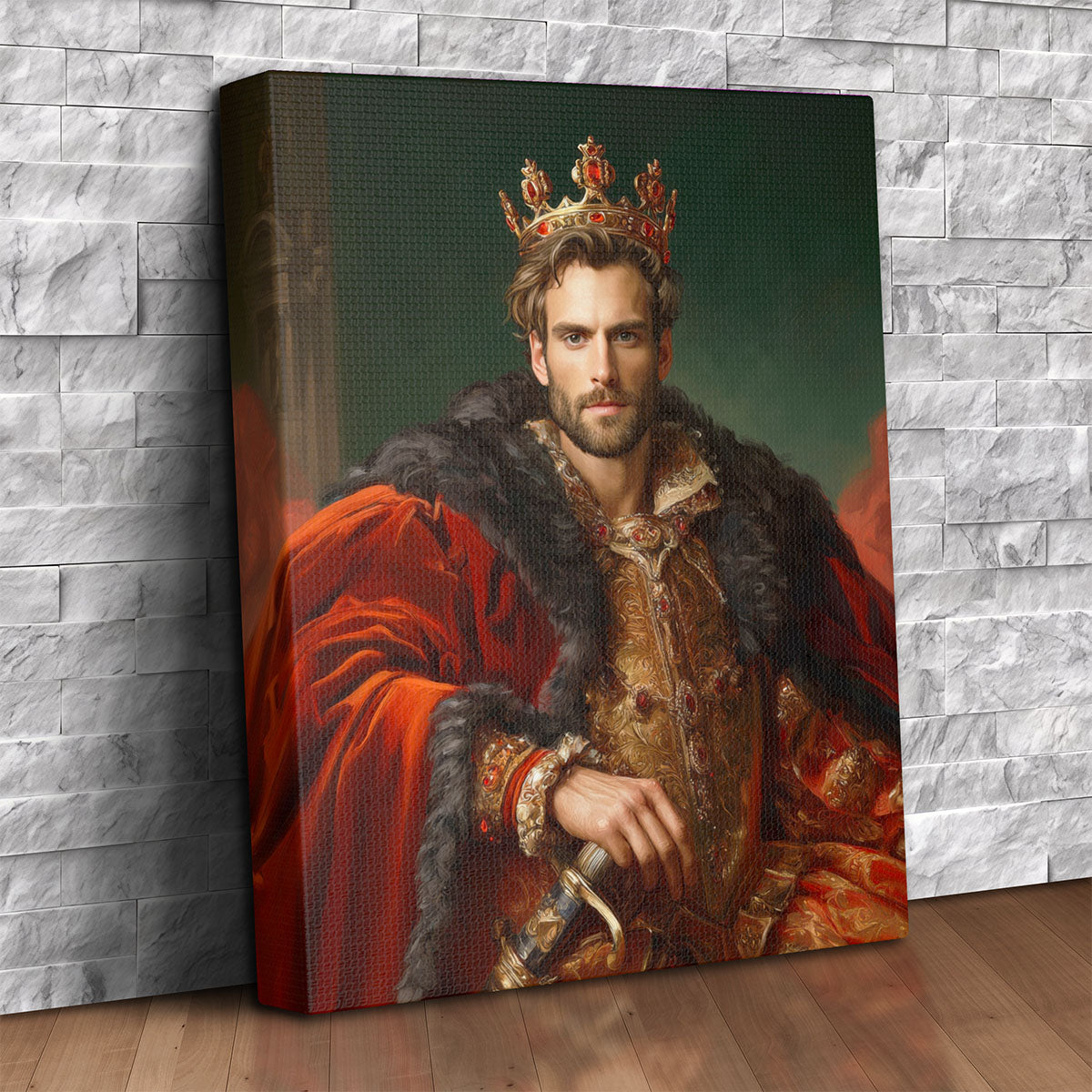 Custom royal prince portrait canvas of a crowned man seated on a throne in a crimson velvet robe and fur mantle holding a jeweled sword