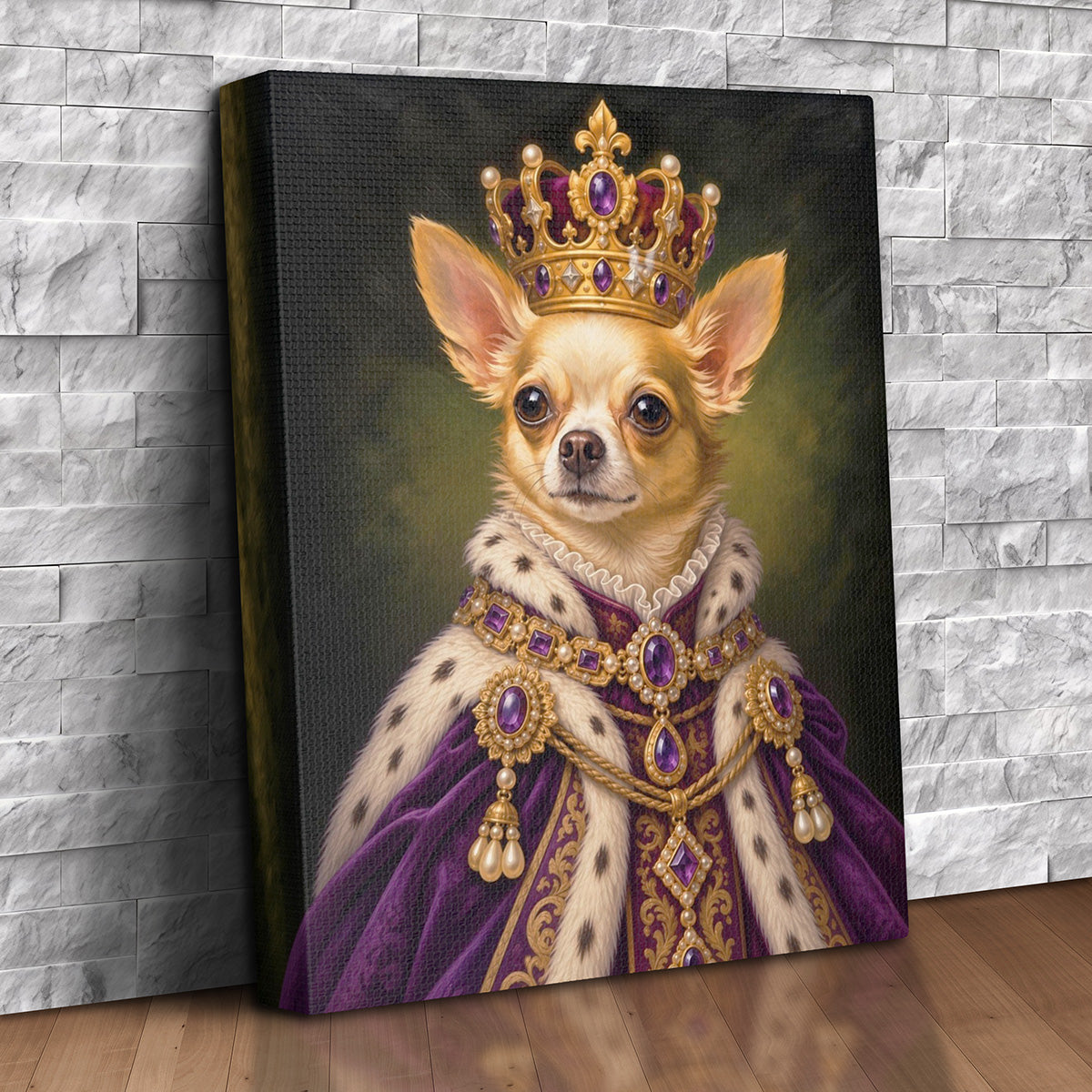 Turn a photo of your dog or cat into a custom royal pet portrait, with a jeweled crown, purple velvet mantle and ermine collar. For your home or any pet lover.
