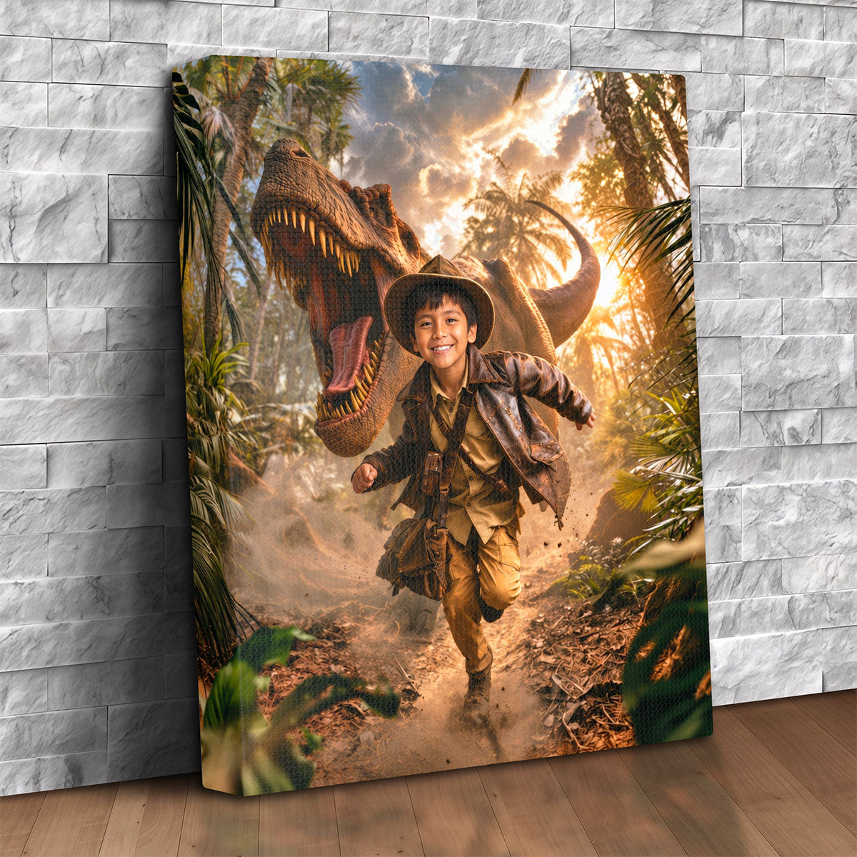 Custom canvas portrait of a kid in explorer gear running from a T-Rex in a jungle, personalized from a photo, dinosaur adventure wall art gift