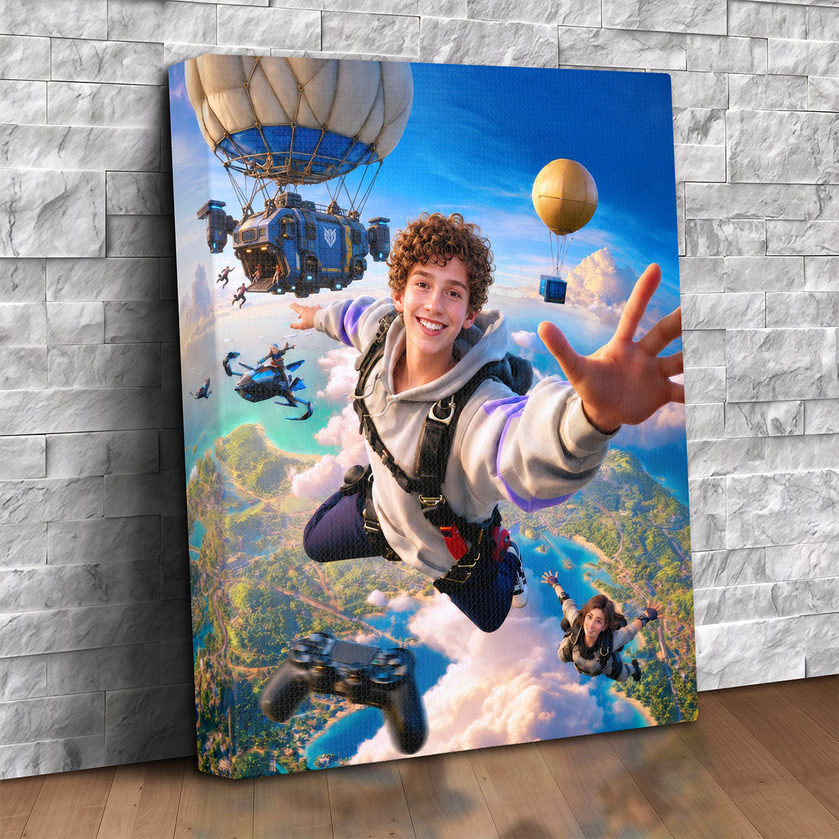 Custom canvas portrait of a kid skydiving in a video game-style scene, personalized from a photo, gaming wall art gift
