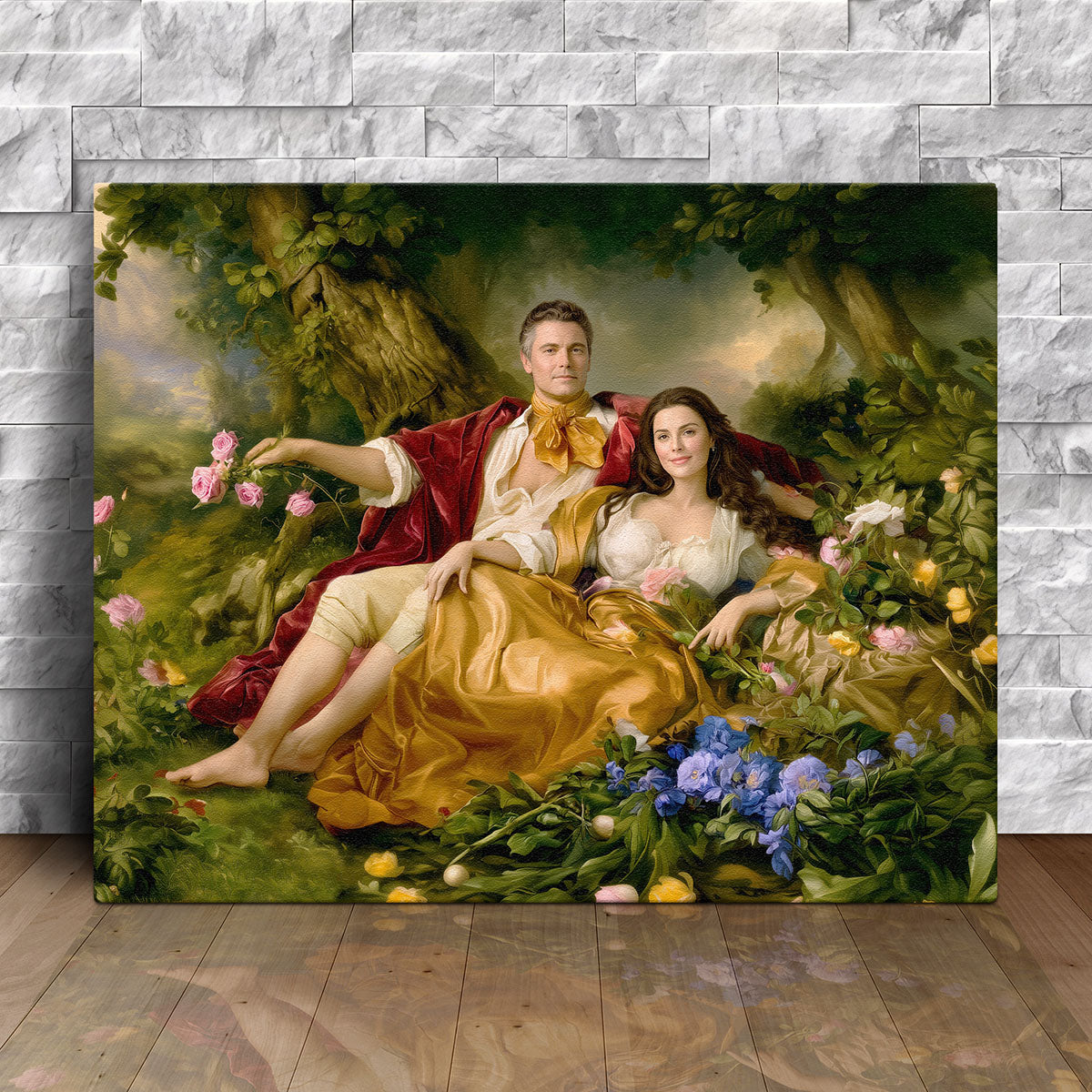 Custom canvas portrait of a couple reclining together in a romantic forest grove surrounded by roses