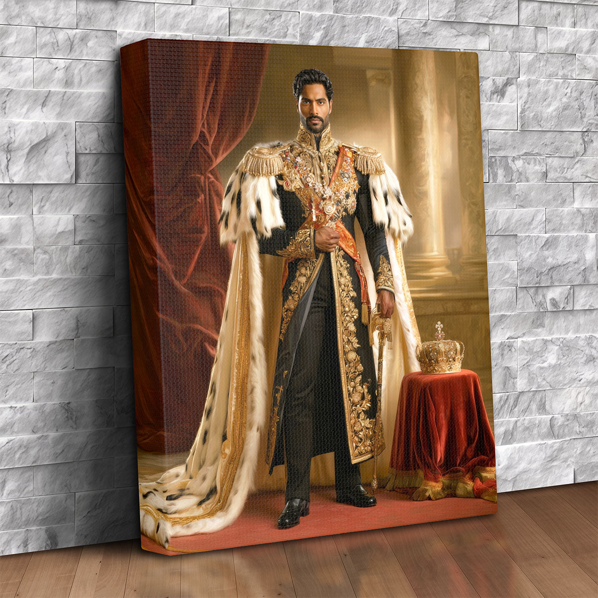 Custom canvas portrait of a man in a formal royal military uniform with gold embroidery and ermine cloak, personalized from a photo