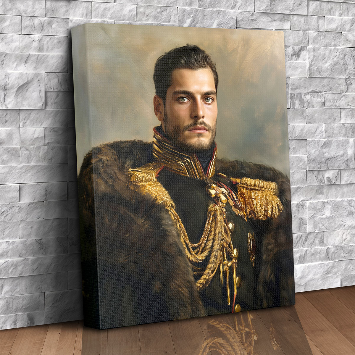 Custom canvas portrait of a man as a decorated imperial marshal in a fur-trimmed uniform with gold medals