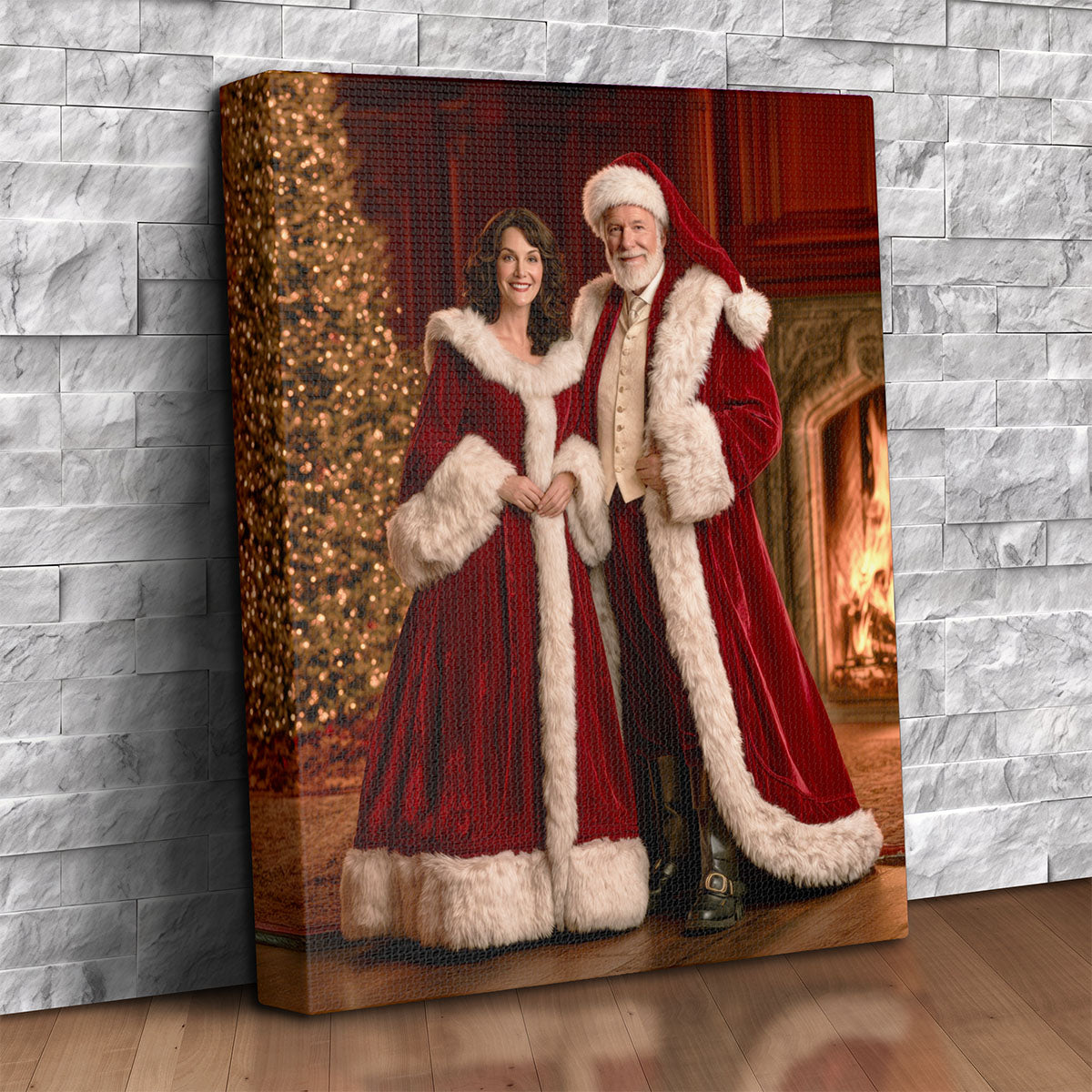 Mr. and Mrs. Claus couple portrait on canvas, a smiling couple in red velvet fur-trimmed robes standing between a lit Christmas tree and a roaring fireplace