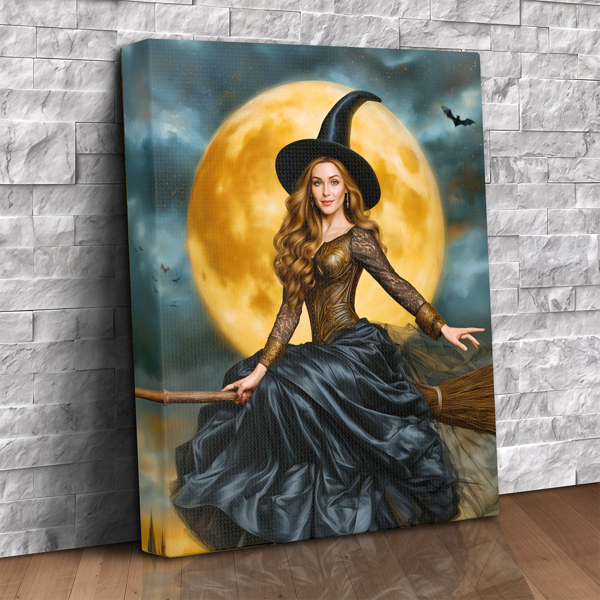 Custom canvas portrait of a woman transformed into a glamorous witch flying on a broomstick under a full moon, personalized from a photo
