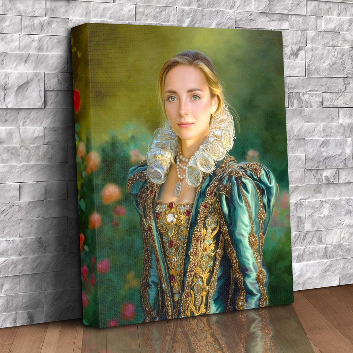 Custom canvas portrait of a duchess in an emerald and gold gown with a ruffled lace collar in a garden setting 