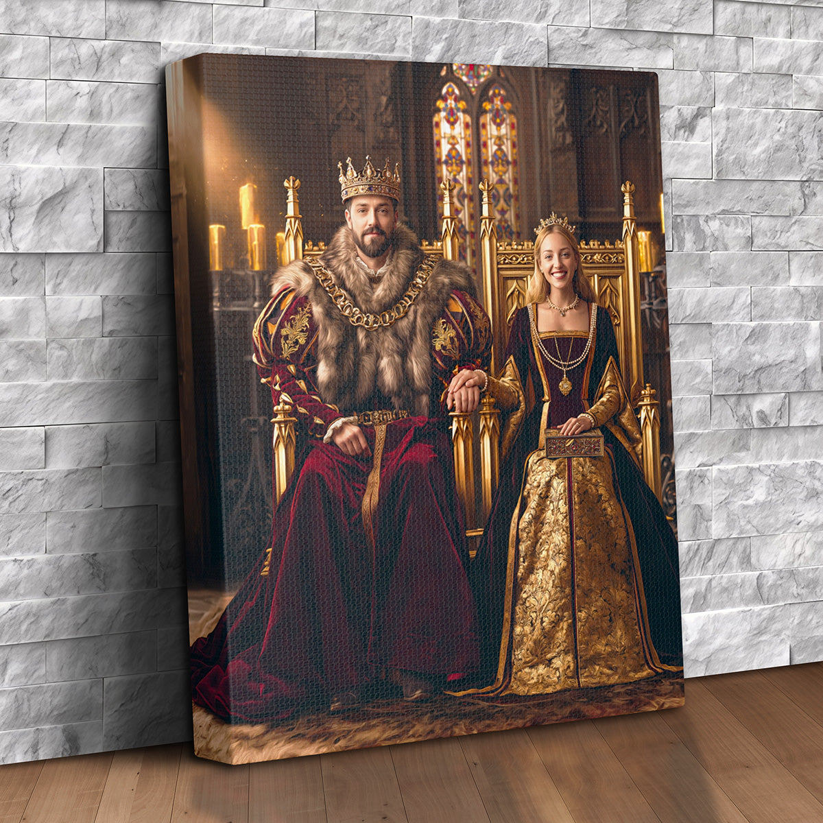 Custom royal couple portrait canvas of a king and queen in crimson velvet and gold seated on gilded Gothic thrones holding hands before a stained-glass window