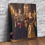 Custom royal couple portrait canvas of a king and queen in crimson velvet and gold seated on gilded Gothic thrones holding hands before a stained-glass window