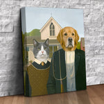 Custom American Gothic parody pet portrait canvas of a gray and white tuxedo cat and a golden retriever as the farm couple in front of a white Gothic farmhouse with a pitchfork