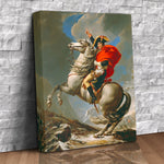 Custom canvas portrait of a man as a military commander on a rearing white horse with red cloak and mountain backdrop, personalized from a photo