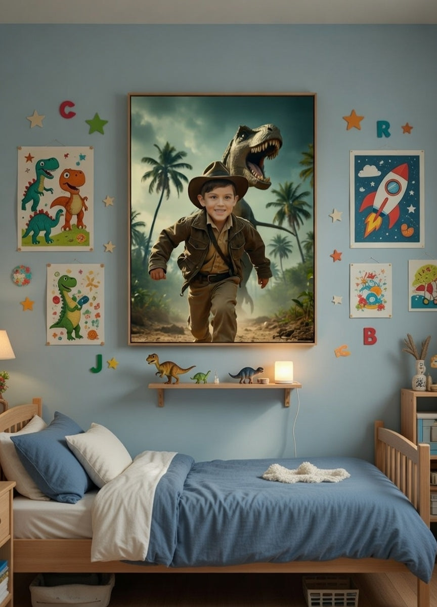 Children's bedroom with dinosaur-themed decor, including posters and a framed picture of a boy in an explorer outfit with a dinosaur.

