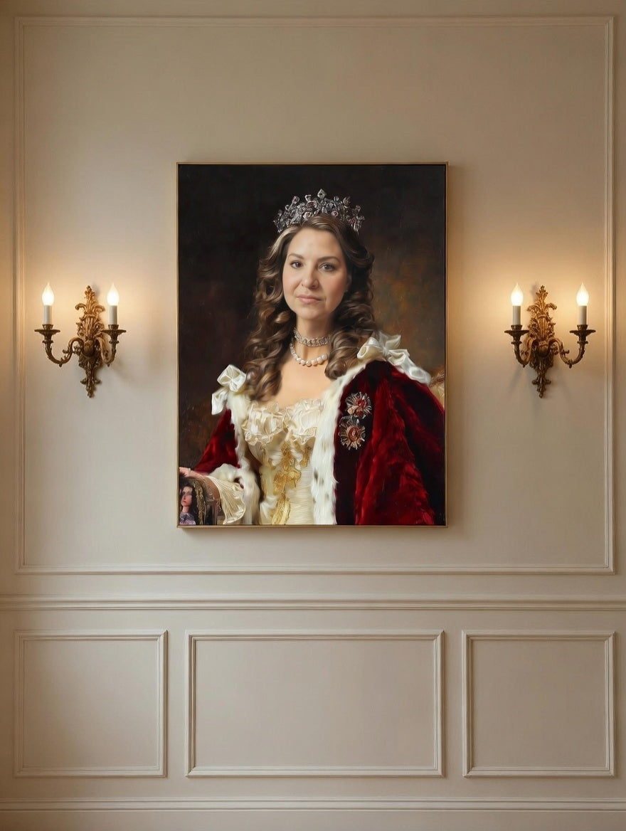 Portrait of a woman in formal attire with a tiara on a wall with decorative paneling and wall sconces.

