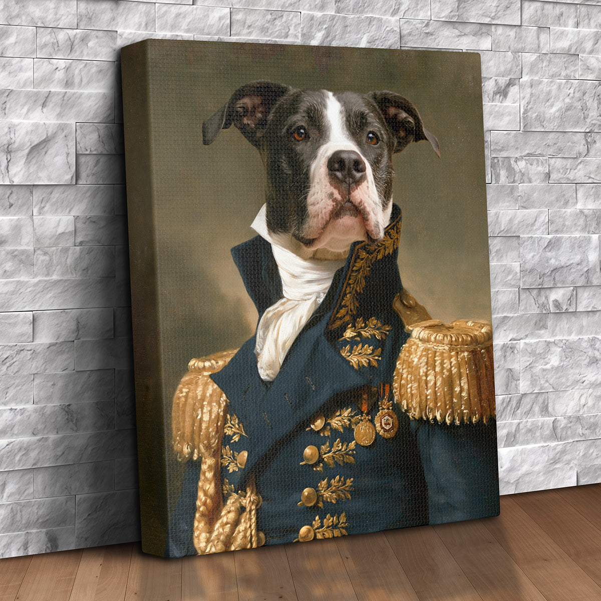 Custom pet portrait canvas of a black and white pit bull dressed as a 19th-century general in a navy uniform with gold epaulettes, medals and white cravat
