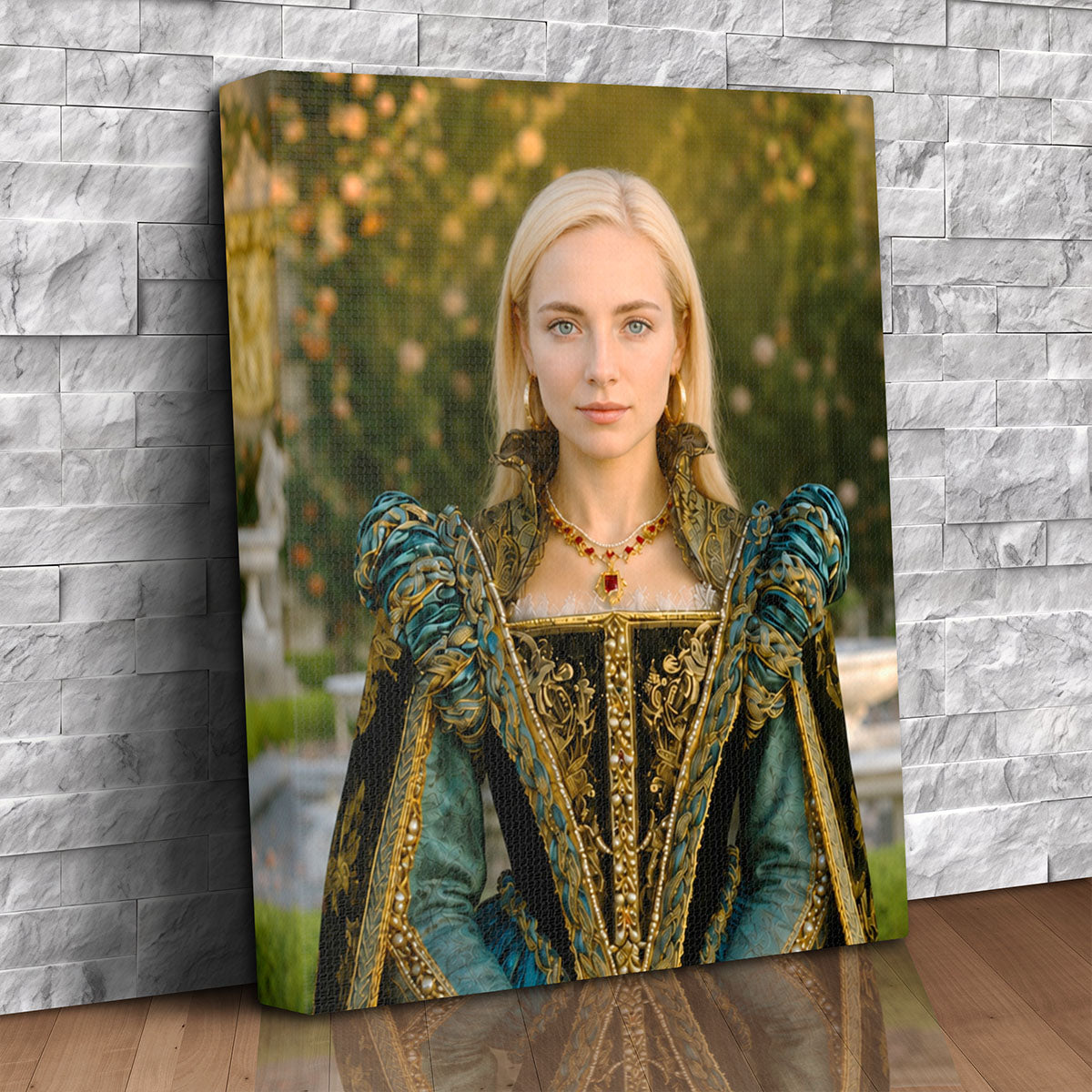 Custom canvas portrait of a woman in a teal and gold Renaissance gown in a rose garden