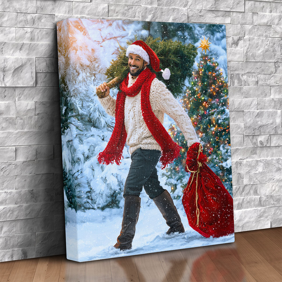 Custom Christmas portrait canvas of a smiling man in a Santa hat and red scarf carrying a fresh-cut tree and red gift sack through a snowy forest