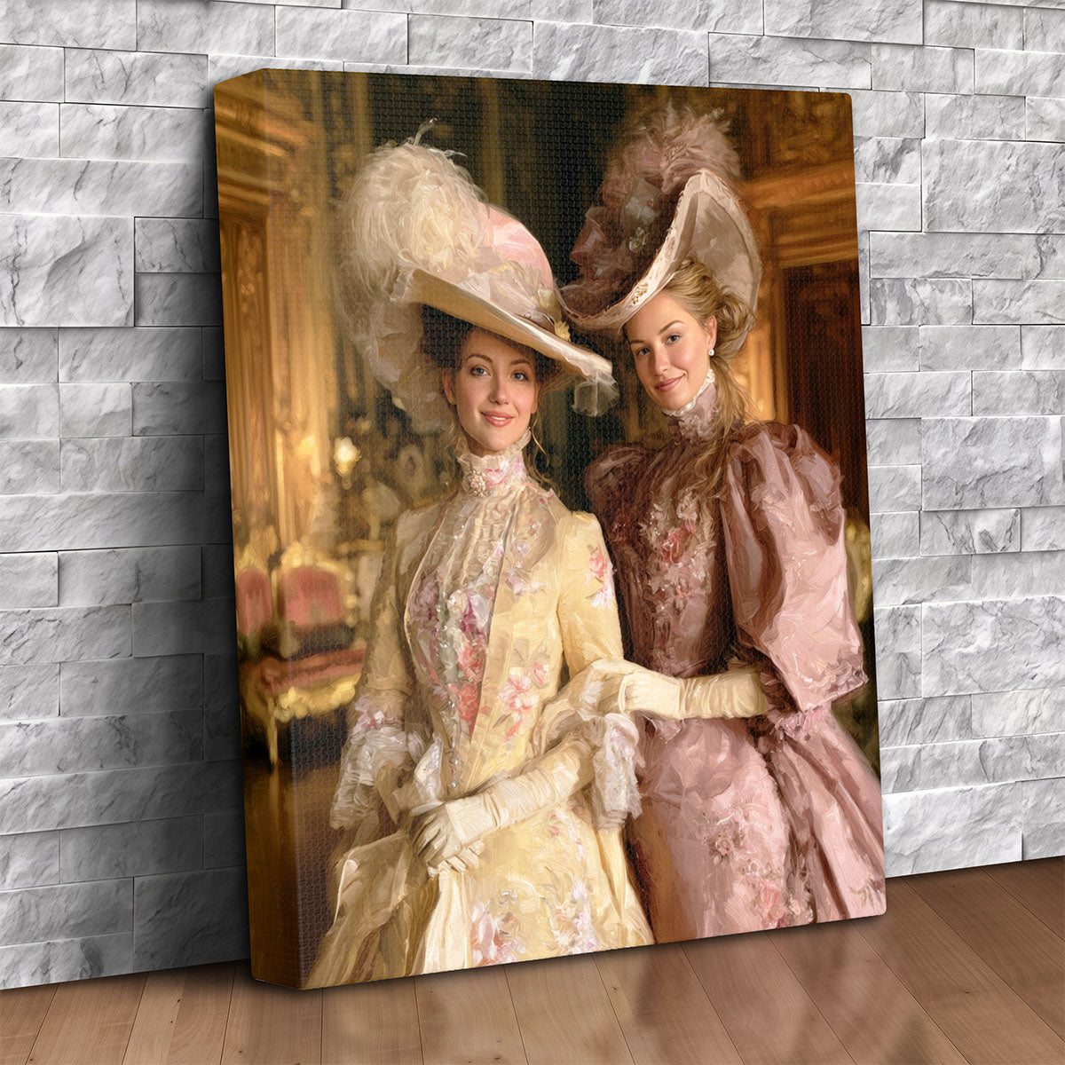 Turn two photos into one stunning custom canvas. Ladies of the Court features opulent period gowns and a gilded palace setting — an elegant, personalized keepsake gift.