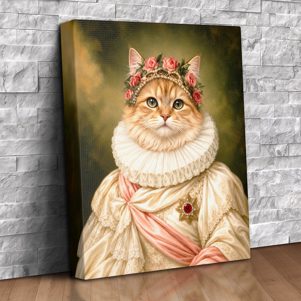 Custom Renaissance pet portrait canvas of a cat wearing a crown of pink roses and pearls, a white ruff collar, cream satin gown and pink sash
