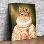 Custom Renaissance pet portrait canvas of a cat wearing a crown of pink roses and pearls, a white ruff collar, cream satin gown and pink sash
