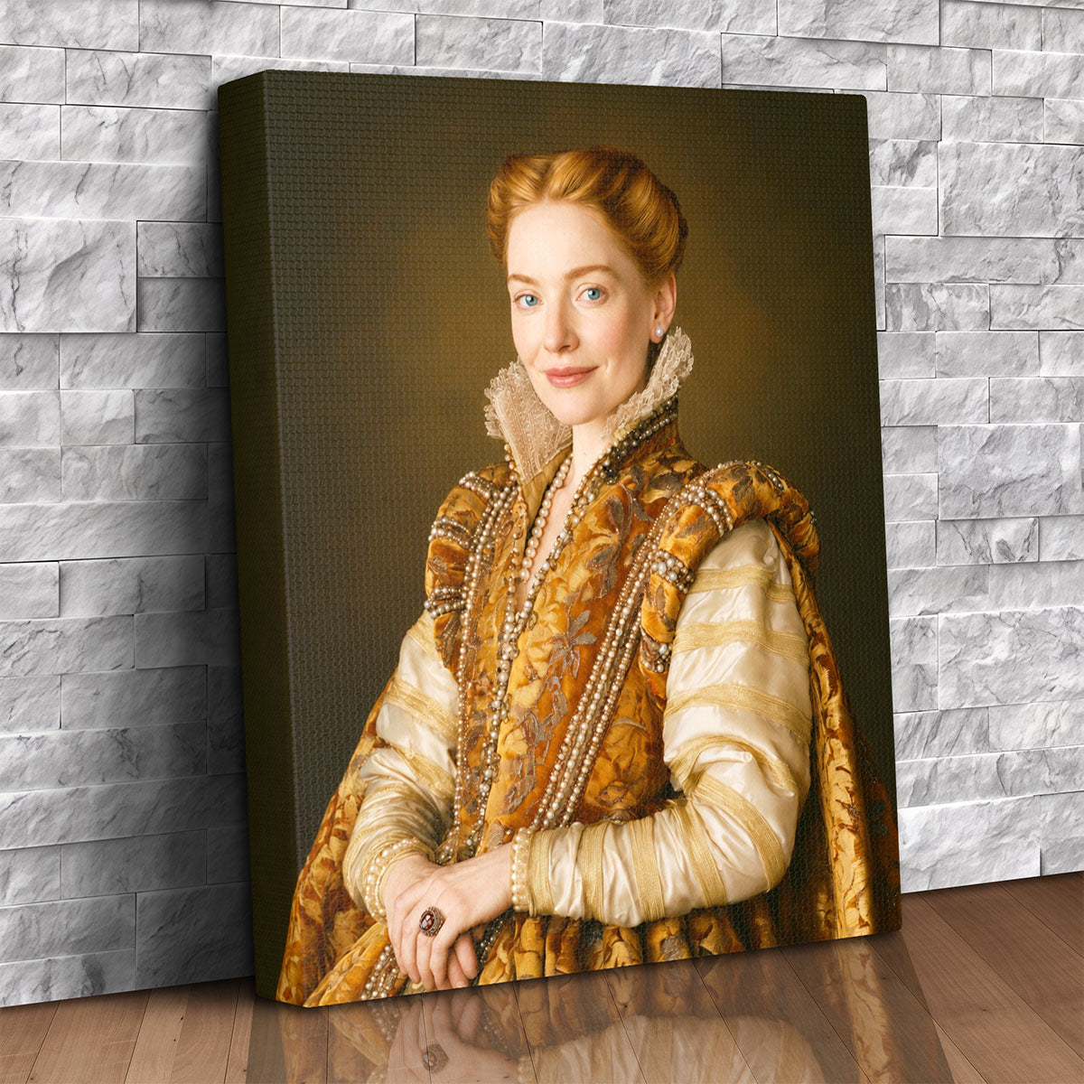 Custom canvas portrait of a woman as an elegant Renaissance noblewoman in a gold brocade gown with pearls