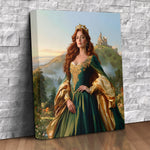 Custom canvas portrait of a woman in an emerald green Celtic gown with gold crown in front of a castle, personalized from a photo