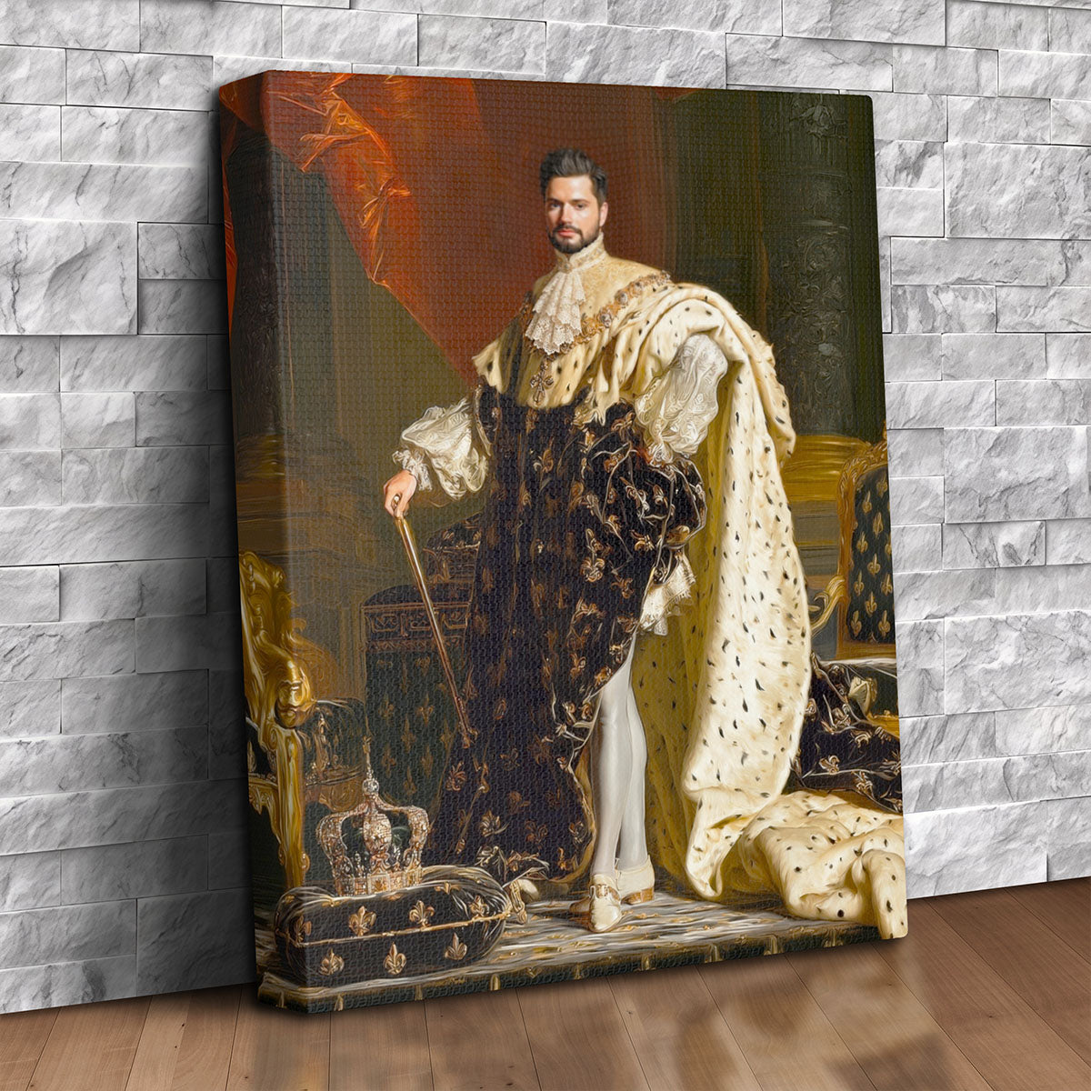 Custom royal king portrait canvas of a man in black fleur-de-lis coronation robes and white ermine mantle holding a scepter beside a jeweled crown
