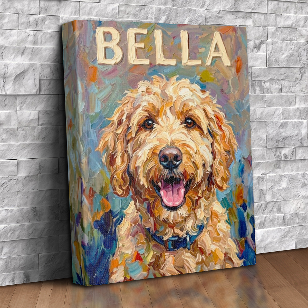 Custom oil-style pet portrait canvas of a smiling curly-haired doodle with the name Bella painted above in thick cream letters