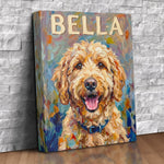 Custom oil-style pet portrait canvas of a smiling curly-haired doodle with the name Bella painted above in thick cream letters