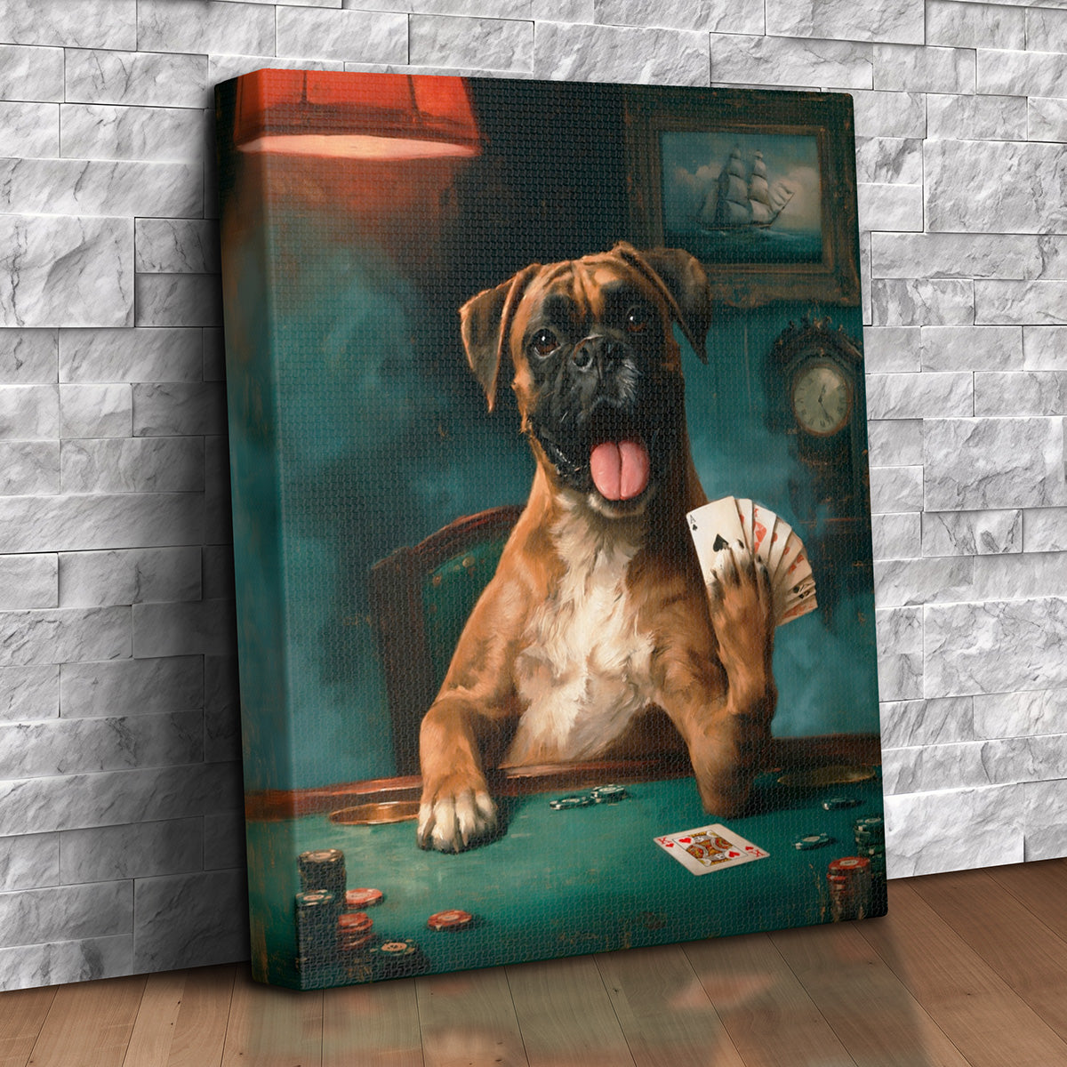 Custom pet portrait canvas of a Boxer dog with its tongue out showing its playing cards at a green felt poker table under a red lamp, with stacks of poker chips
