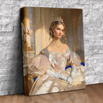 Custom princess portrait canvas of a woman in a pearl tiara, pearl necklace and blush pink satin gown with white satin gloves seated in a sunlit palace salon