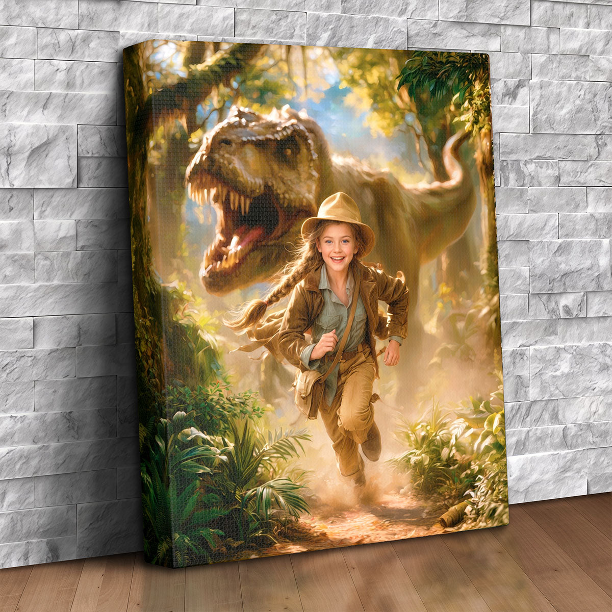 Custom canvas portrait of a girl in explorer gear running from a T-Rex in a jungle, personalized from a photo, dinosaur adventure wall art gift