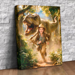 Custom canvas portrait of a girl in explorer gear running from a T-Rex in a jungle, personalized from a photo, dinosaur adventure wall art gift