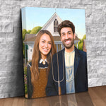 Custom canvas portrait of a smiling couple in front of a farmhouse, inspired by American Gothic
