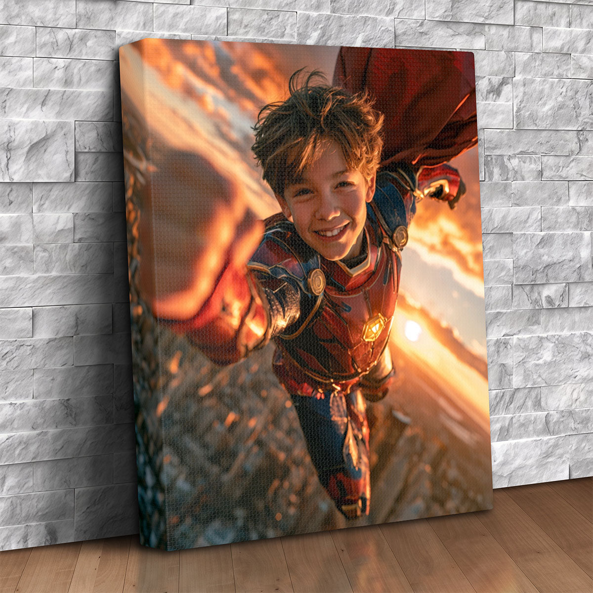 Custom canvas portrait of a kid as a superhero flying over a city at sunset, personalized from a photo, superhero wall art gift
