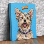 Colorful custom pet portrait canvas of an excited scruffy terrier with its mouth wide open below a floating bone biscuit on a bright sky blue textured background