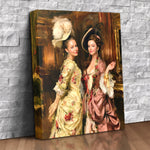 Custom canvas portrait of two women in elegant period gowns and feathered hats in a gilded room, personalized from photos, royal sisters wall art gift