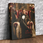 Custom canvas portrait of a man as a sophisticated gentleman in a smoking jacket seated in a leather armchair