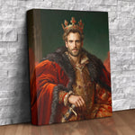 Custom royal prince portrait canvas of a crowned man seated on a throne in a crimson velvet robe and fur mantle holding a jeweled sword