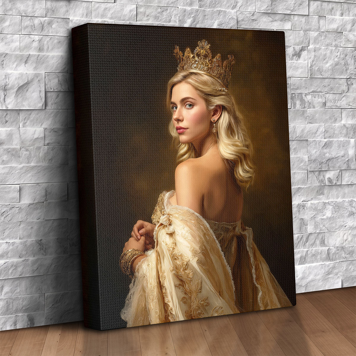 Custom canvas portrait of a woman as a queen wearing a jeweled crown and gold gown, elegant over-the-shoulder pose, personalized from a photo