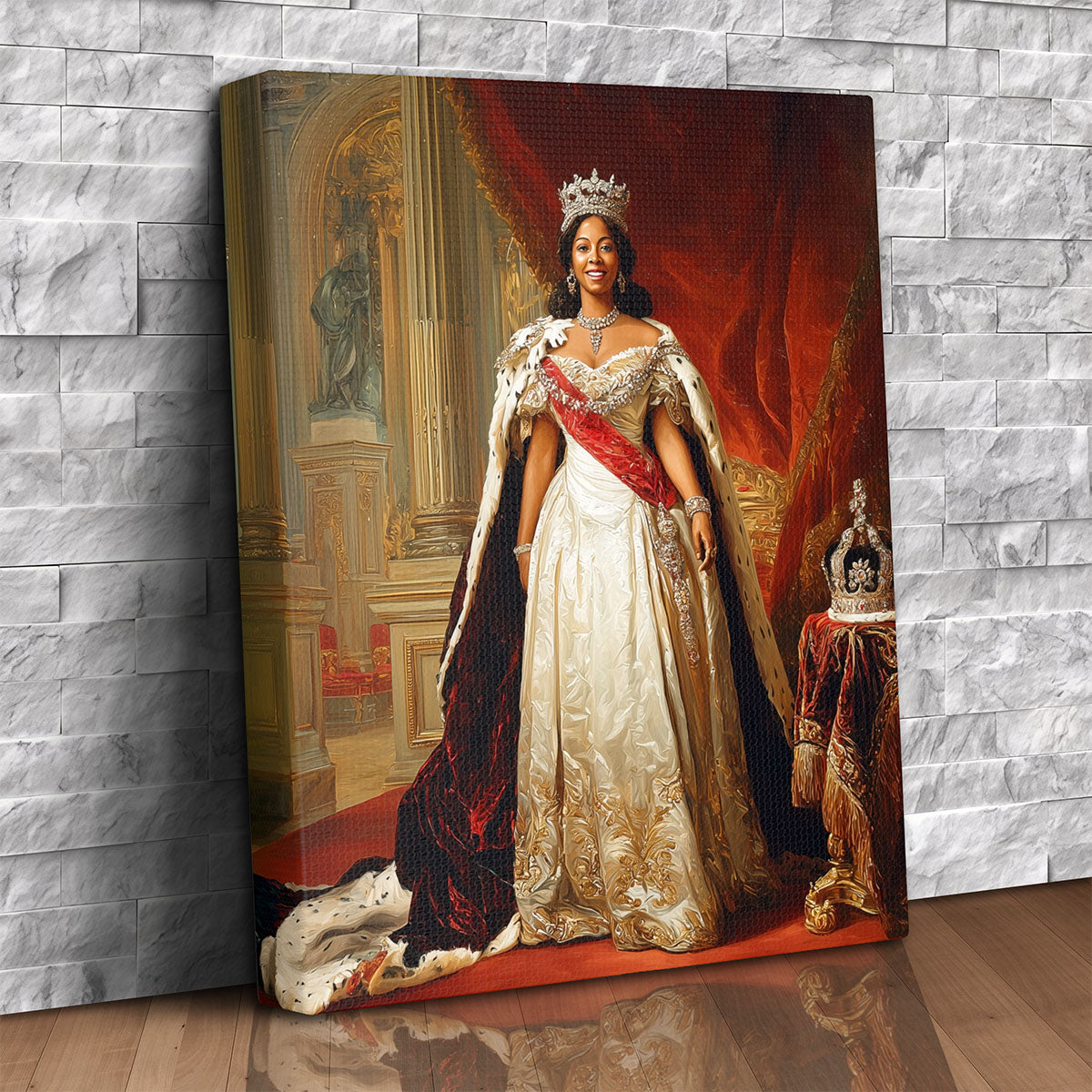 Custom canvas portrait of a woman as a crowned empress in a gold embroidered gown with a flowing cape