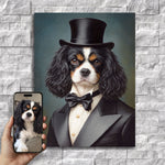 Custom pet portrait canvas of a dog wearing a black top hat, black tuxedo, white dress shirt and bow tie against a slate-blue painted background