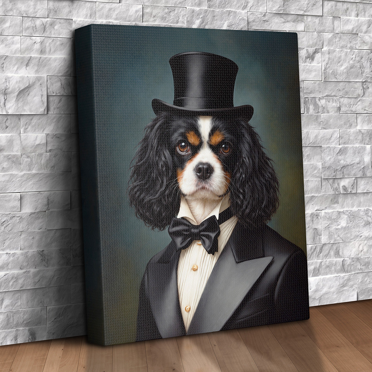 Custom pet portrait canvas of a dog wearing a black top hat, black tuxedo, white dress shirt and bow tie against a slate-blue painted background
