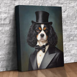 Custom pet portrait canvas of a dog wearing a black top hat, black tuxedo, white dress shirt and bow tie against a slate-blue painted background