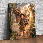 Custom canvas portrait of a kid in explorer gear running from a T-Rex in a jungle, personalized from a photo, dinosaur adventure wall art gift