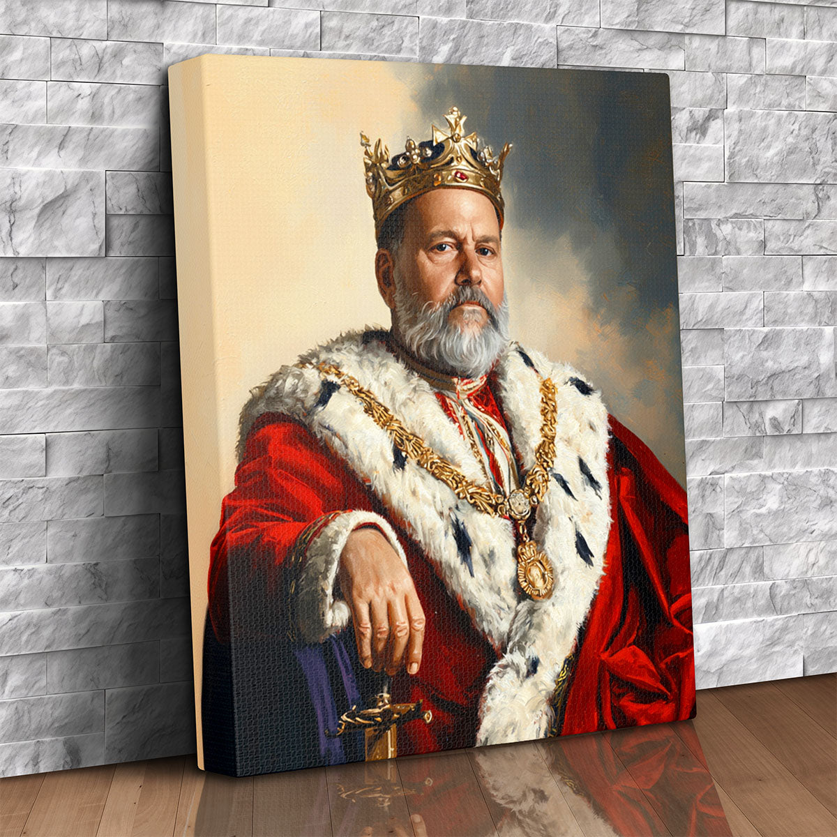 Custom canvas portrait of a man as a wise elder monarch in a crimson ermine-trimmed robe with a gold crown