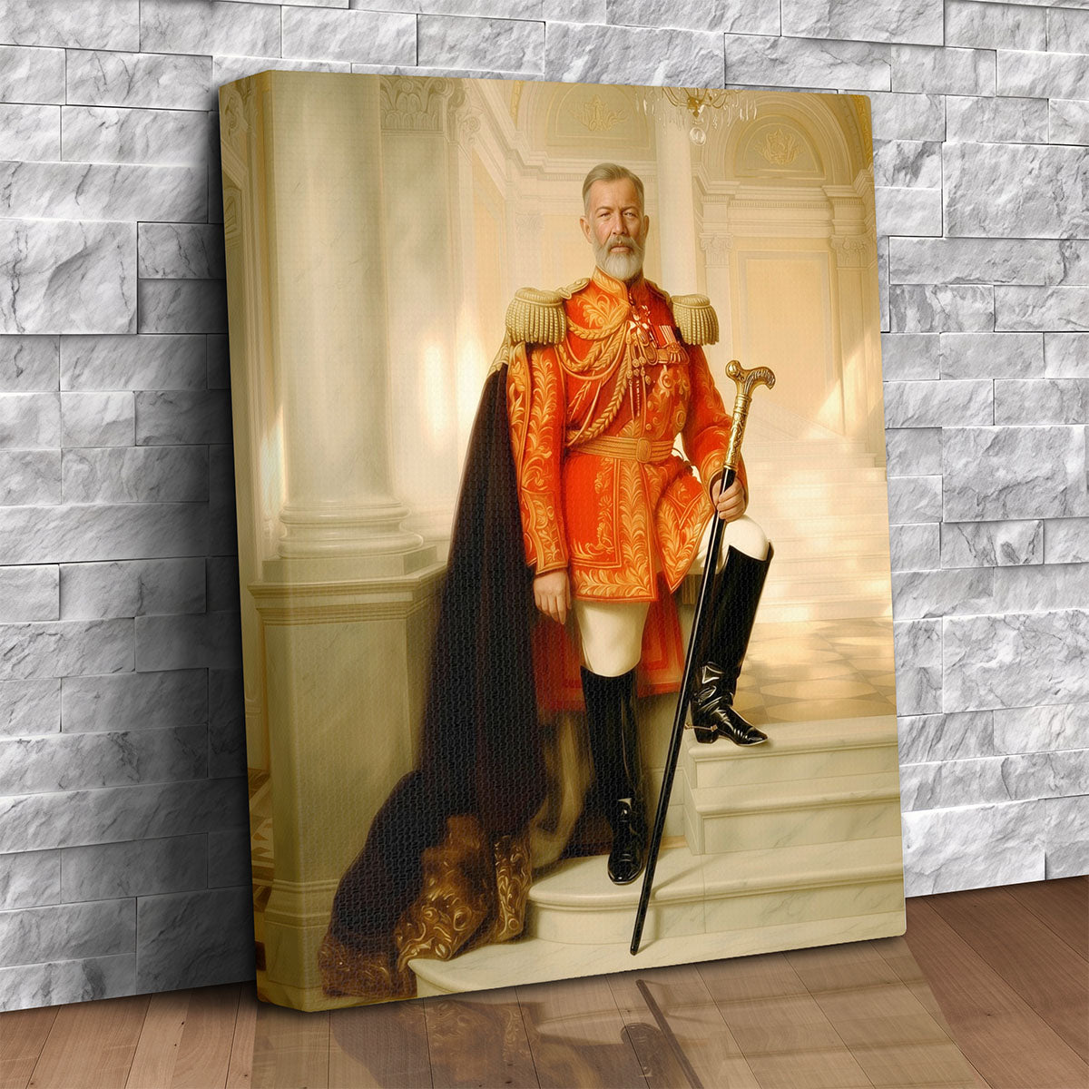 Custom canvas portrait of a decorated veteran in formal military dress uniform with medals and cape 
